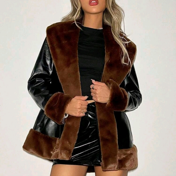 Winter Women Clothes Women's Fluffy Collar Long Sleeve Tie-Up Belted PU Jacket - Picture 2 of 4